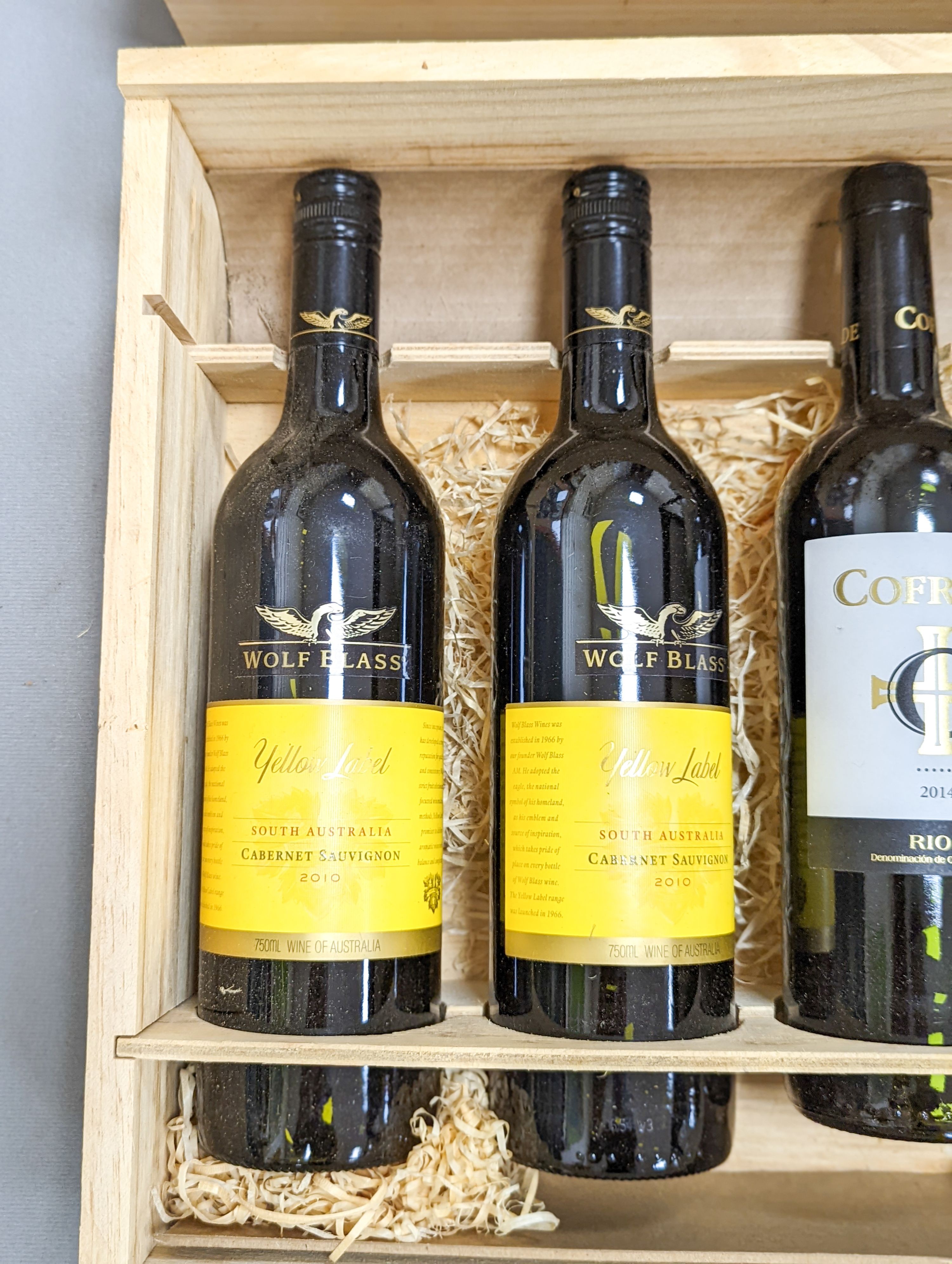 10 bottles of wine - 8 Wolf Blass yellow label Cabernet Sauvignon 2010, and two other bottles